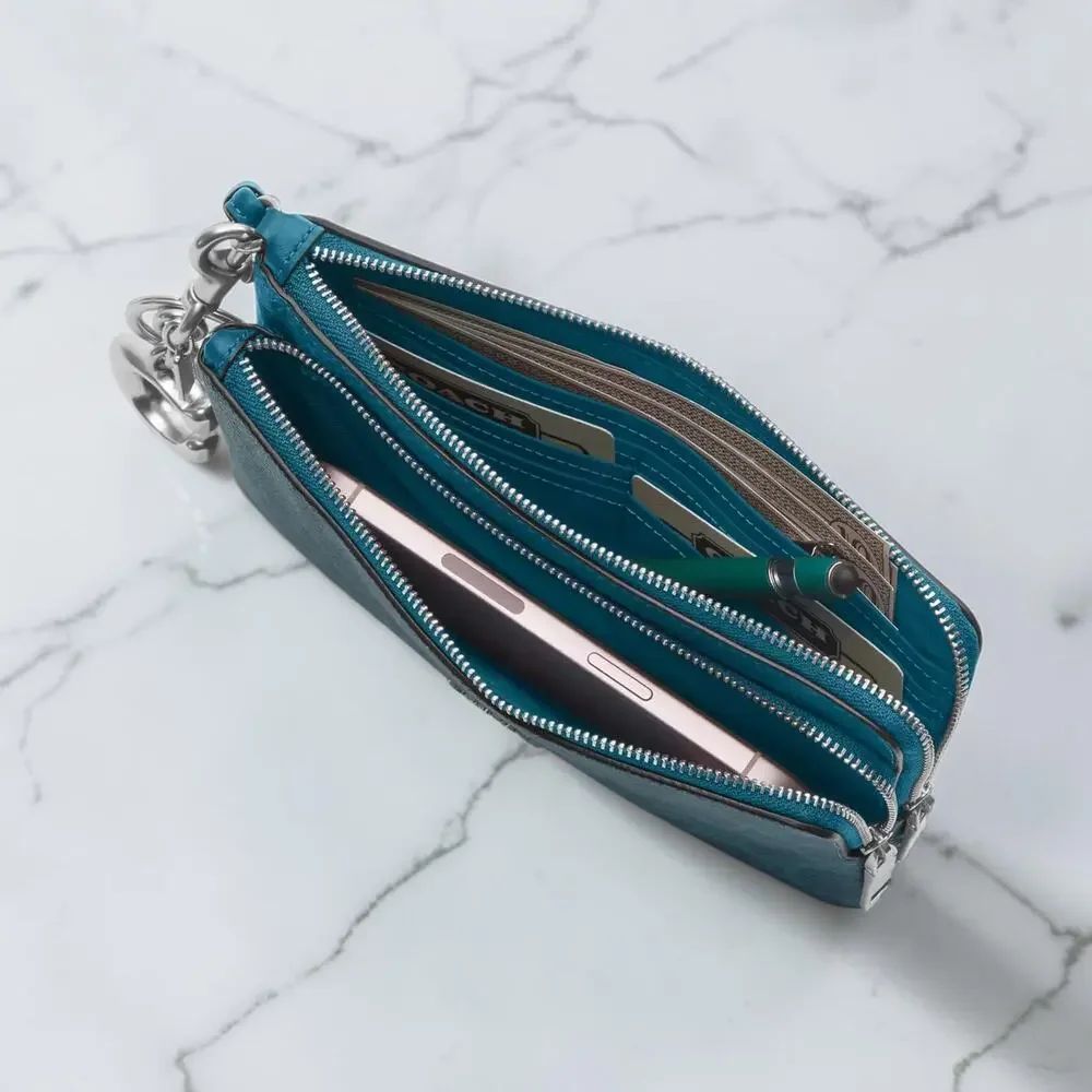 Coach NWT Double Zip Wallet Signature Canvas CX161 Silver Aquamarine Teal Blue